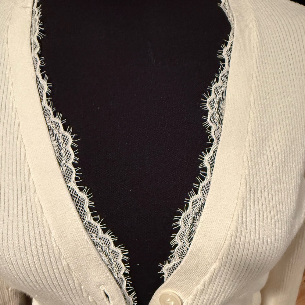 NWT LOFT Cream Ribbed Lace-Trim Button Cardigan - Picture 2 of 5